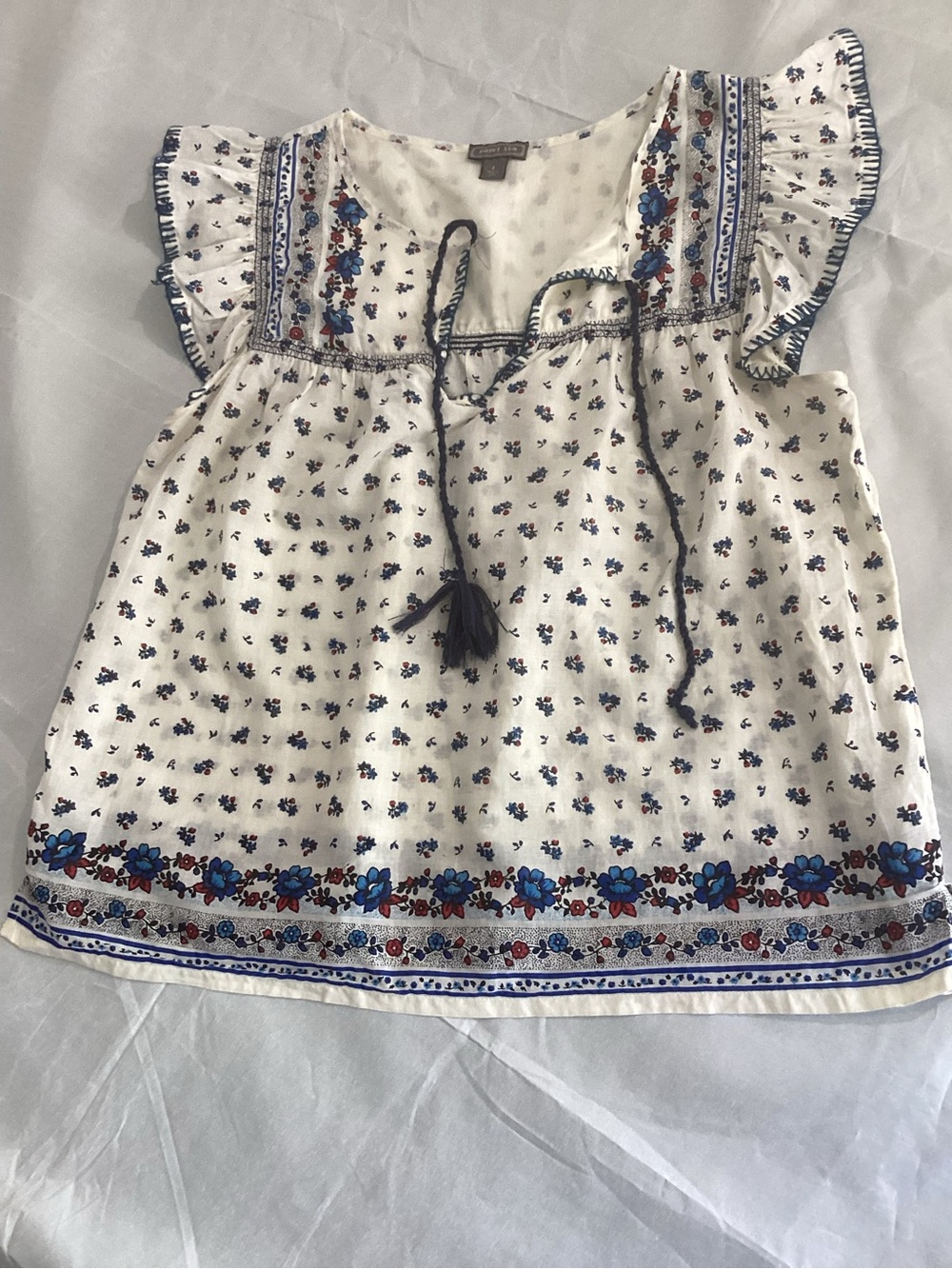 Point Sur Boho White Floral Peasant Blouse with Blue Border size large #17 - Picture 1 of 7